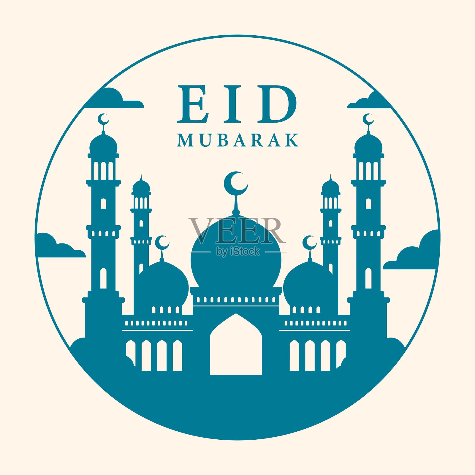 开斋节穆巴拉克问候背景与清真寺插图。向量插画图片素材