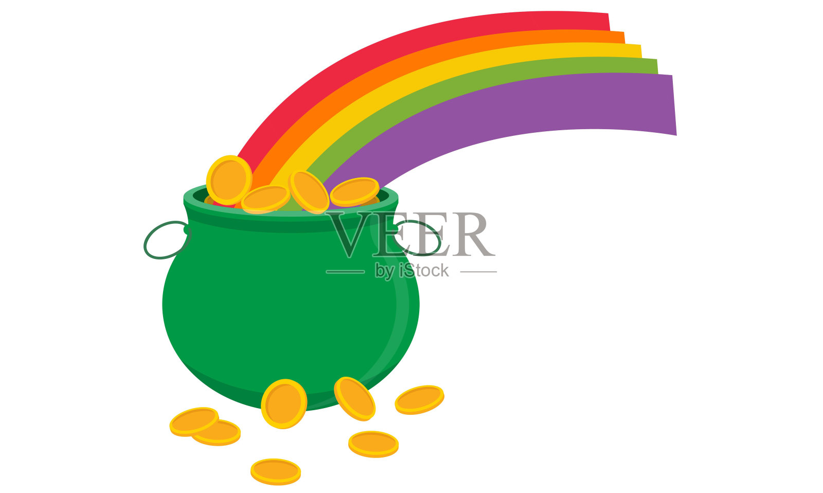 彩虹锅绿色硬币金钱财富丰富多彩的dicut对象白底圣帕特里克节17第十七天日期幸运三叶草庆祝爱尔兰妖精爱尔兰象征装饰游行插画图片素材