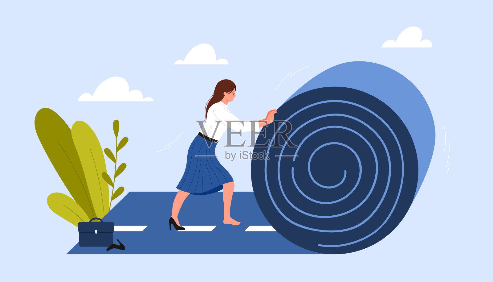 未来事业建设和事业成功，女人铺开公路道路滚滚而来插画图片素材