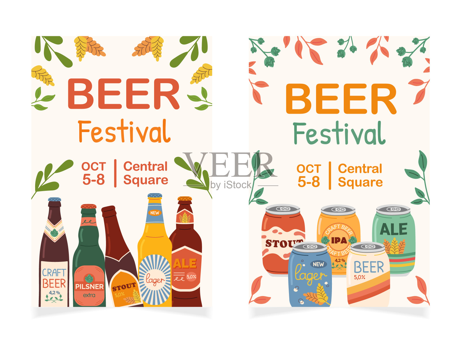 一套两张啤酒节广告海报。彩色手绘垂直横幅与不同的啤酒类型在铝罐和玻璃瓶。啤酒节。插画图片素材
