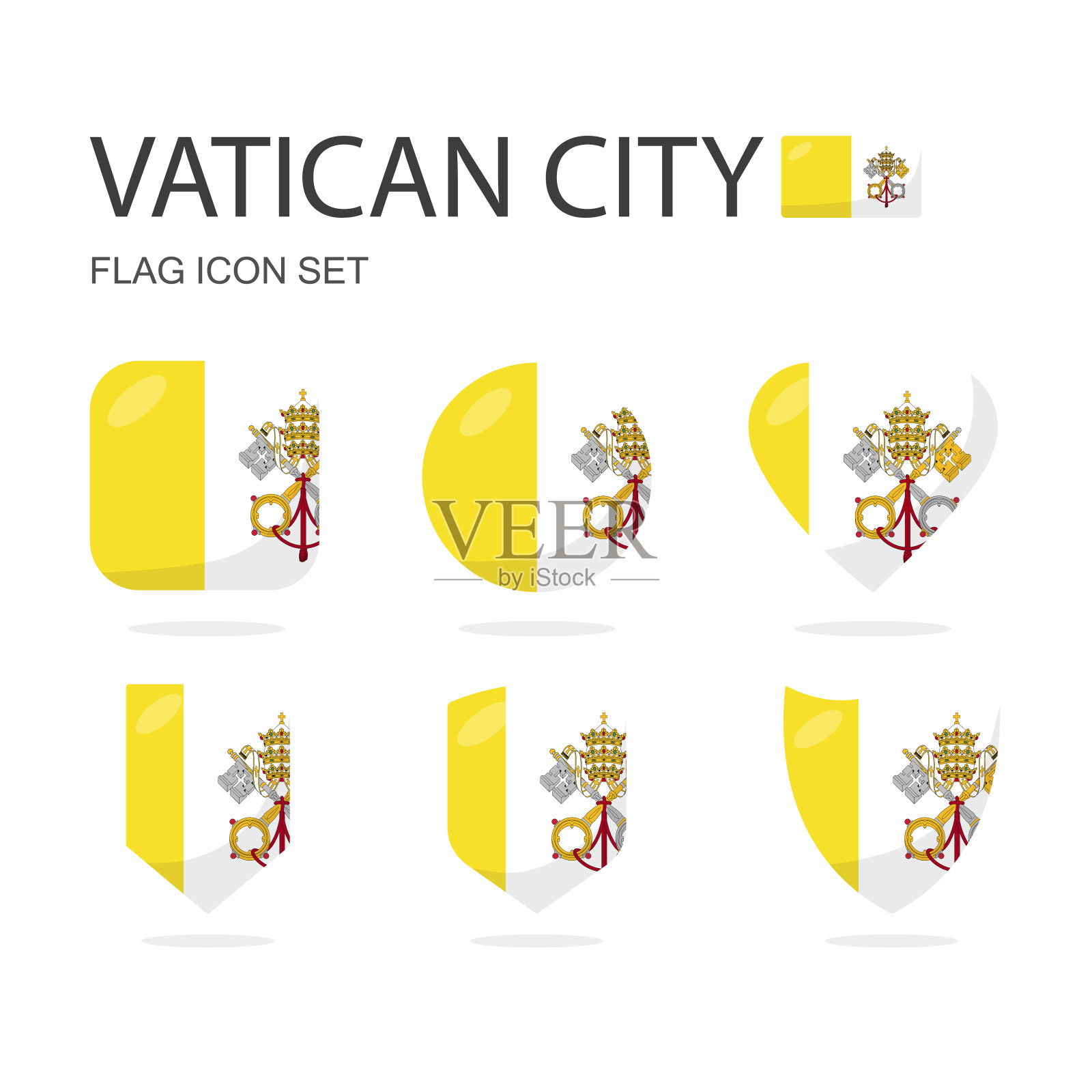 梵蒂冈城3d旗帜图标的6个形状都孤立在白色背景。插画图片素材