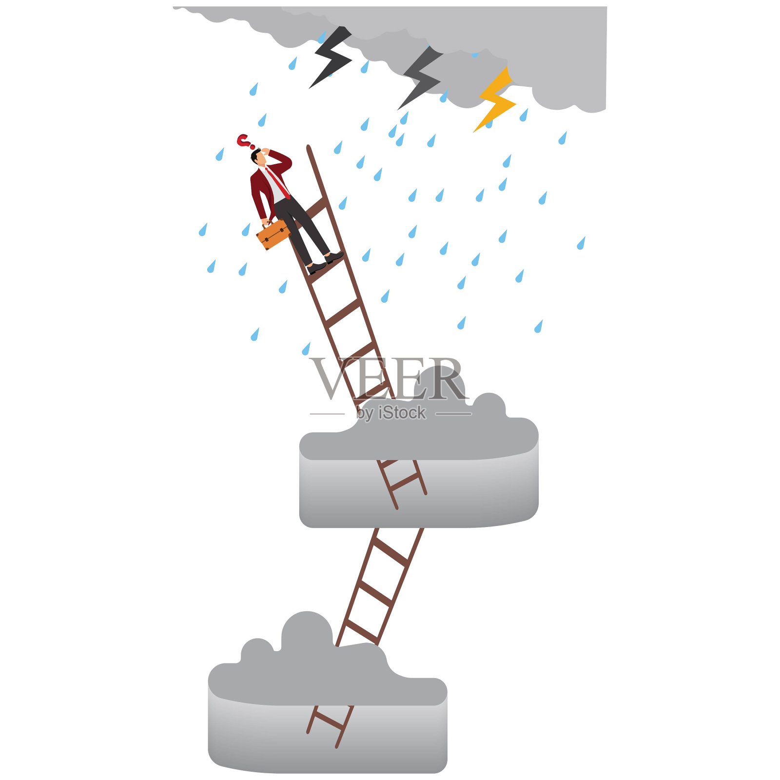 商人在爬梯子，乌云在下雨，闪电在闪插画图片素材