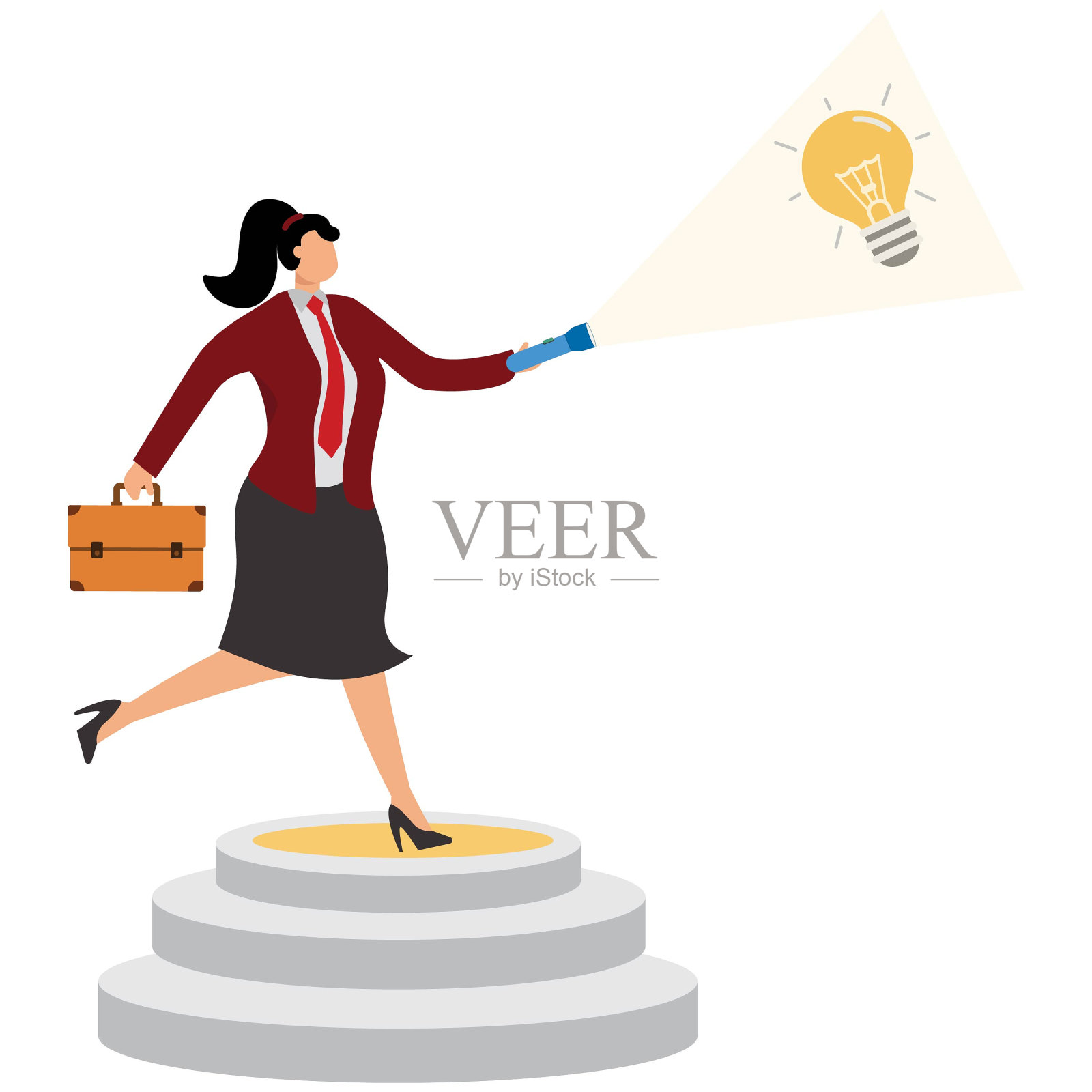 女商人在聚光灯下的舞台上展示一个绿色的大灯泡插画图片素材