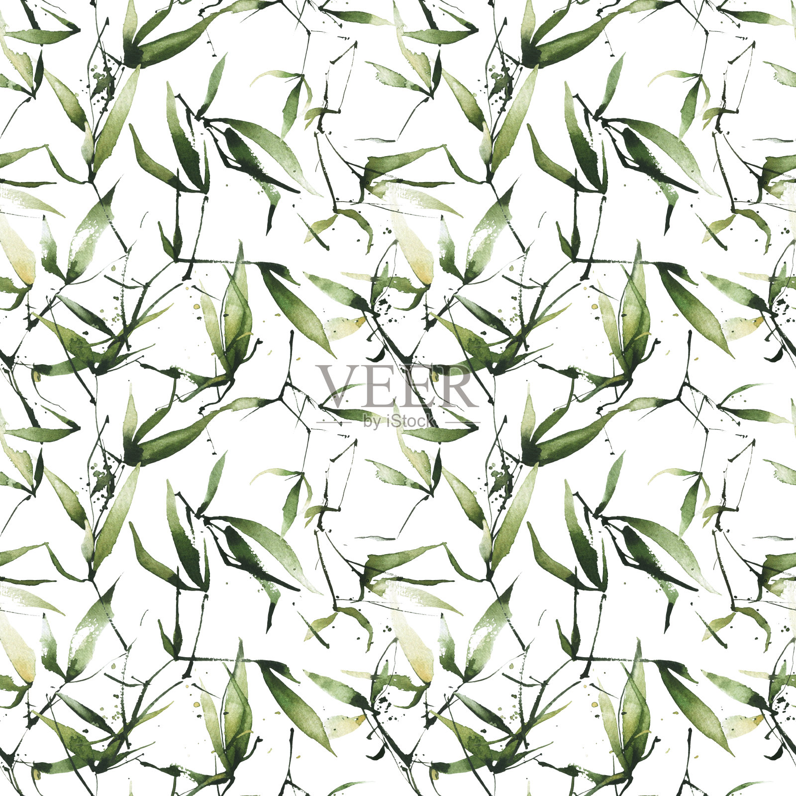 水彩异国绿色无缝图案。绿色的竹枝，树叶和细枝。插画图片素材