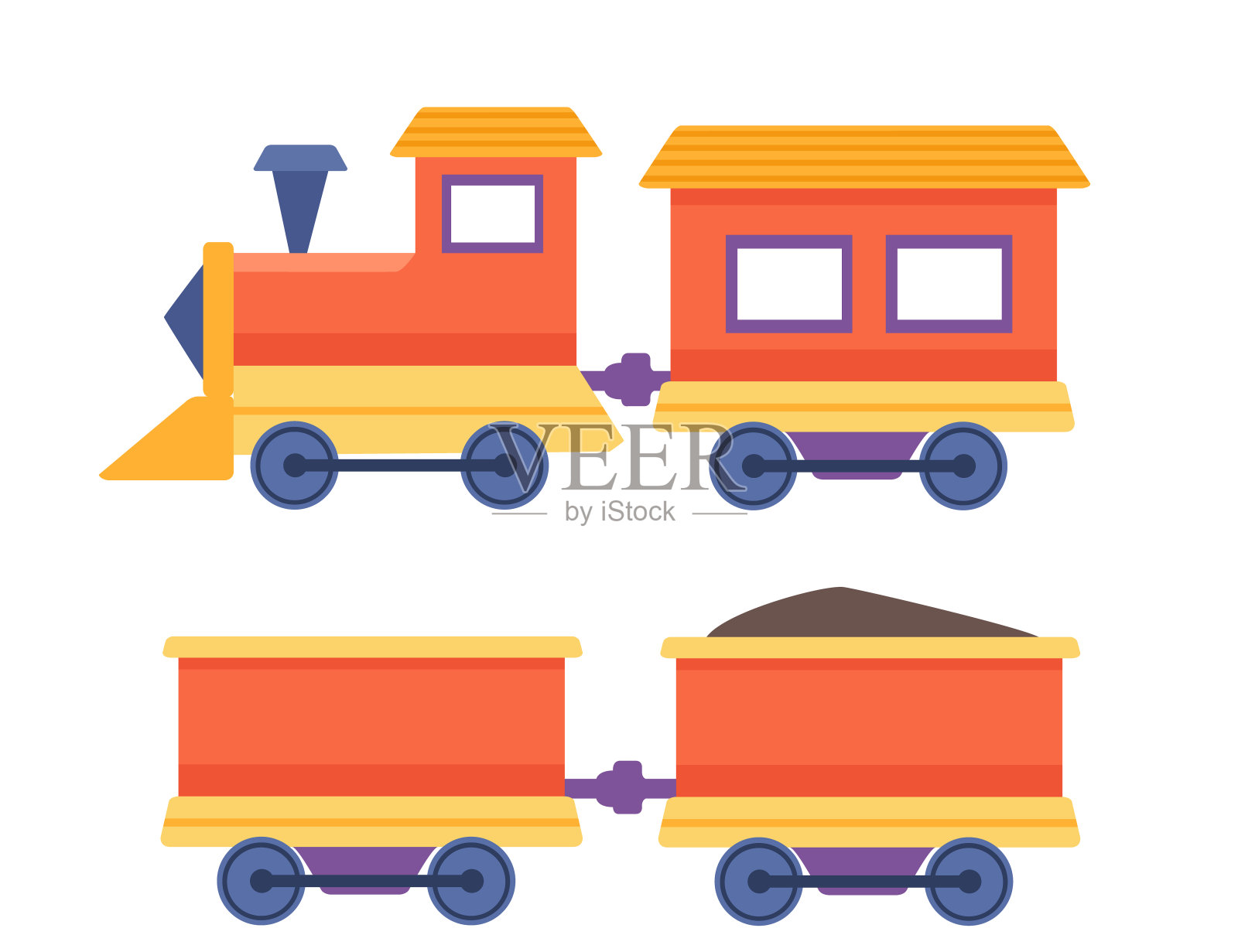 塑料玩具火车与不同类型的铁路车厢矢量插图隔离在白色背景上插画图片素材