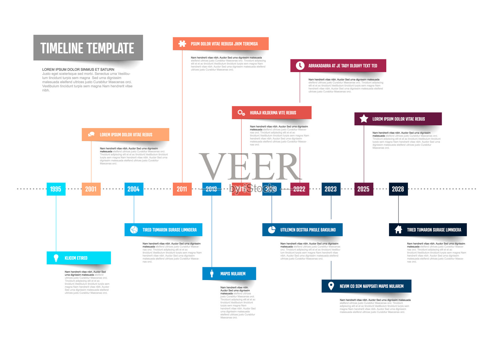 彩色水平时间线信息图表模板上的白色背景插画图片素材