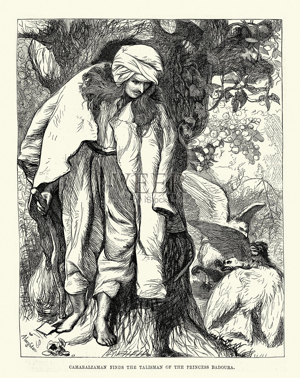 一千零一夜，卡马拉扎曼找到了巴杜拉公主的护身符，中东民间故事插画图片素材