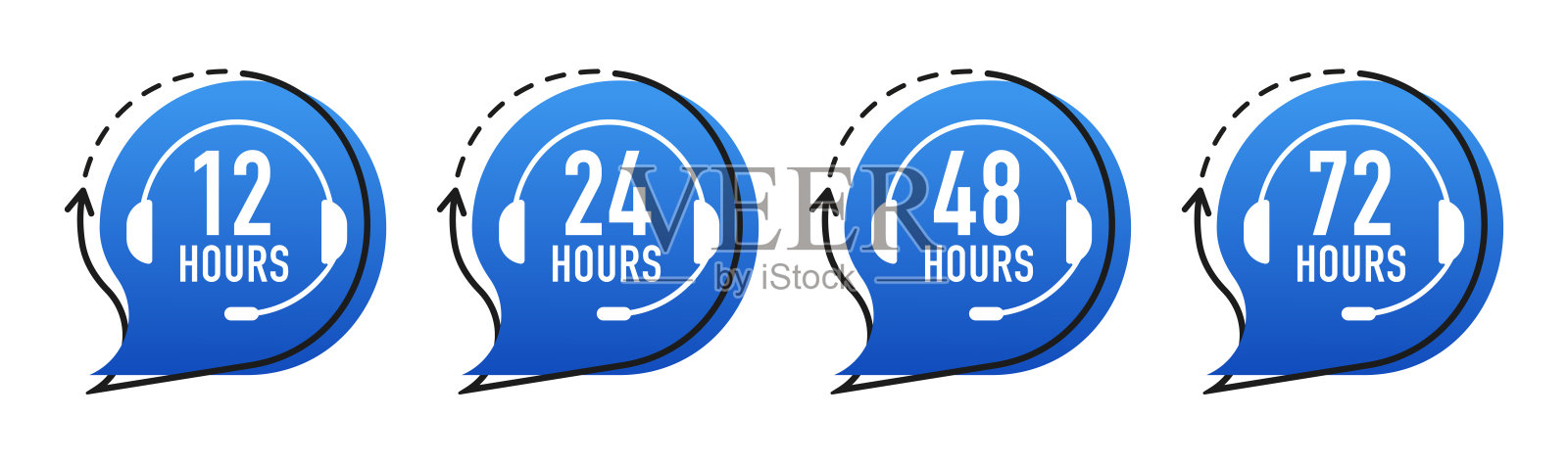 支持服务。12, 24, 48, 72小时时钟箭头。工作时间的影响或交货服务时间。矢量图插画图片素材