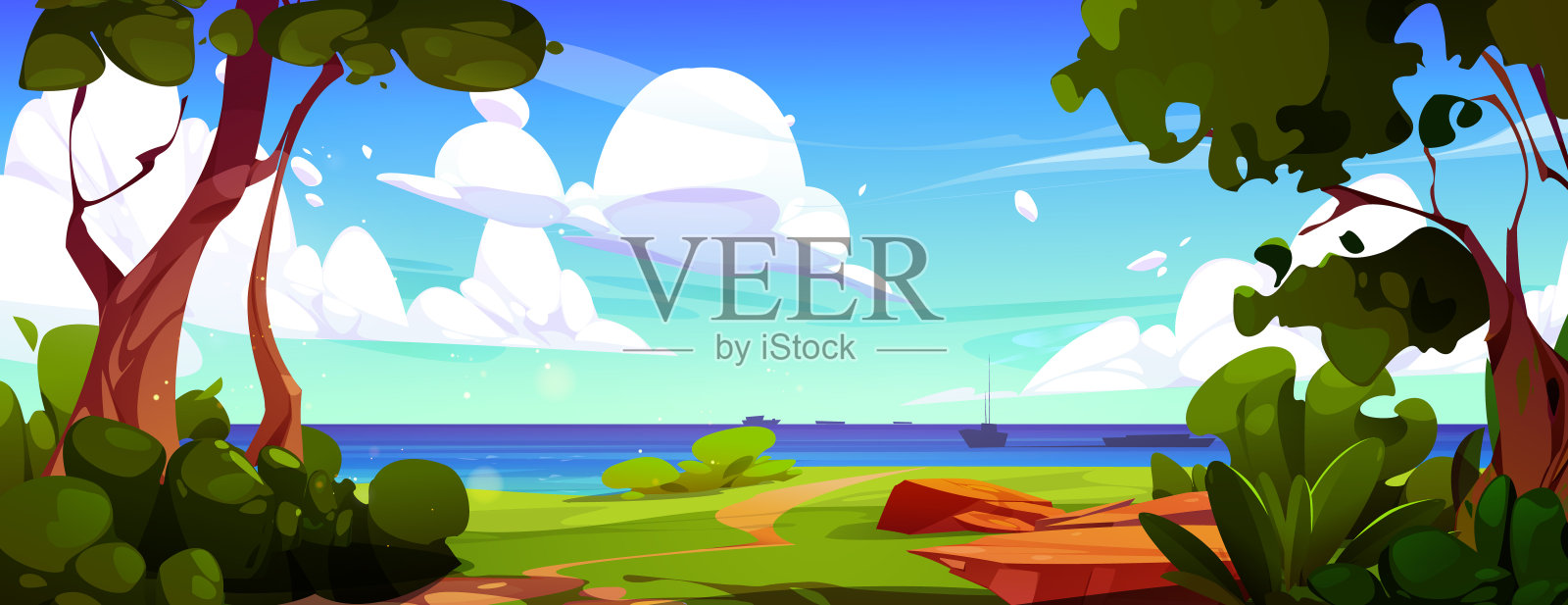 有树木、灌木和草的海或海岸插画图片素材