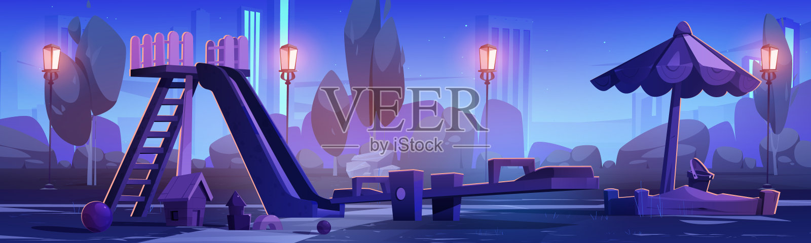 夏季夜间儿童游乐场公园病媒插画图片素材