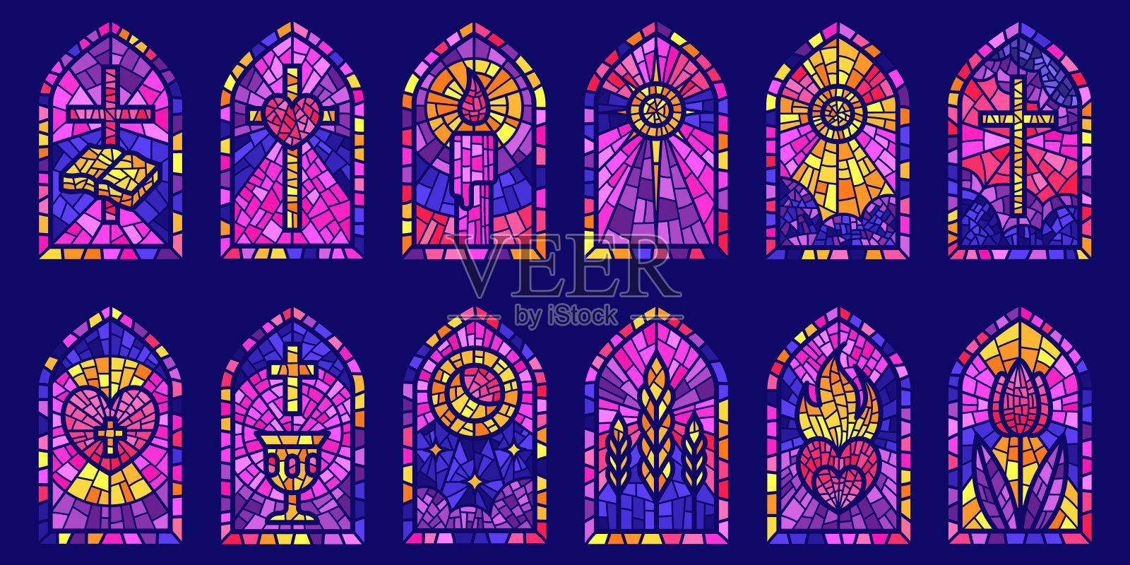 Church glass windows. Stained mosaic catholic frames with cross, book and religious symbols. Vector set插画图片素材
