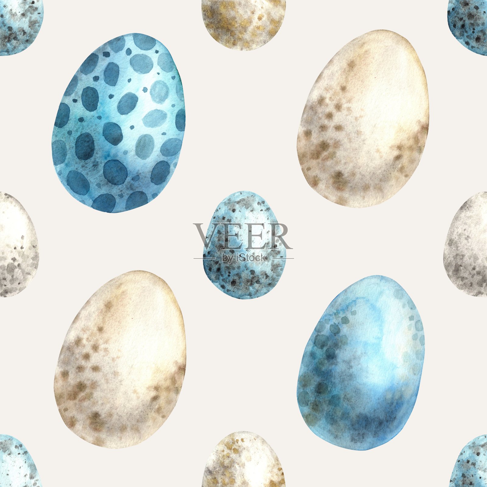 在米色背景上的复活节彩蛋水彩图案。复活节插图手绘。草图上孤立的背景贺卡，请柬，节日快乐，海报，织物，壁纸插画图片素材