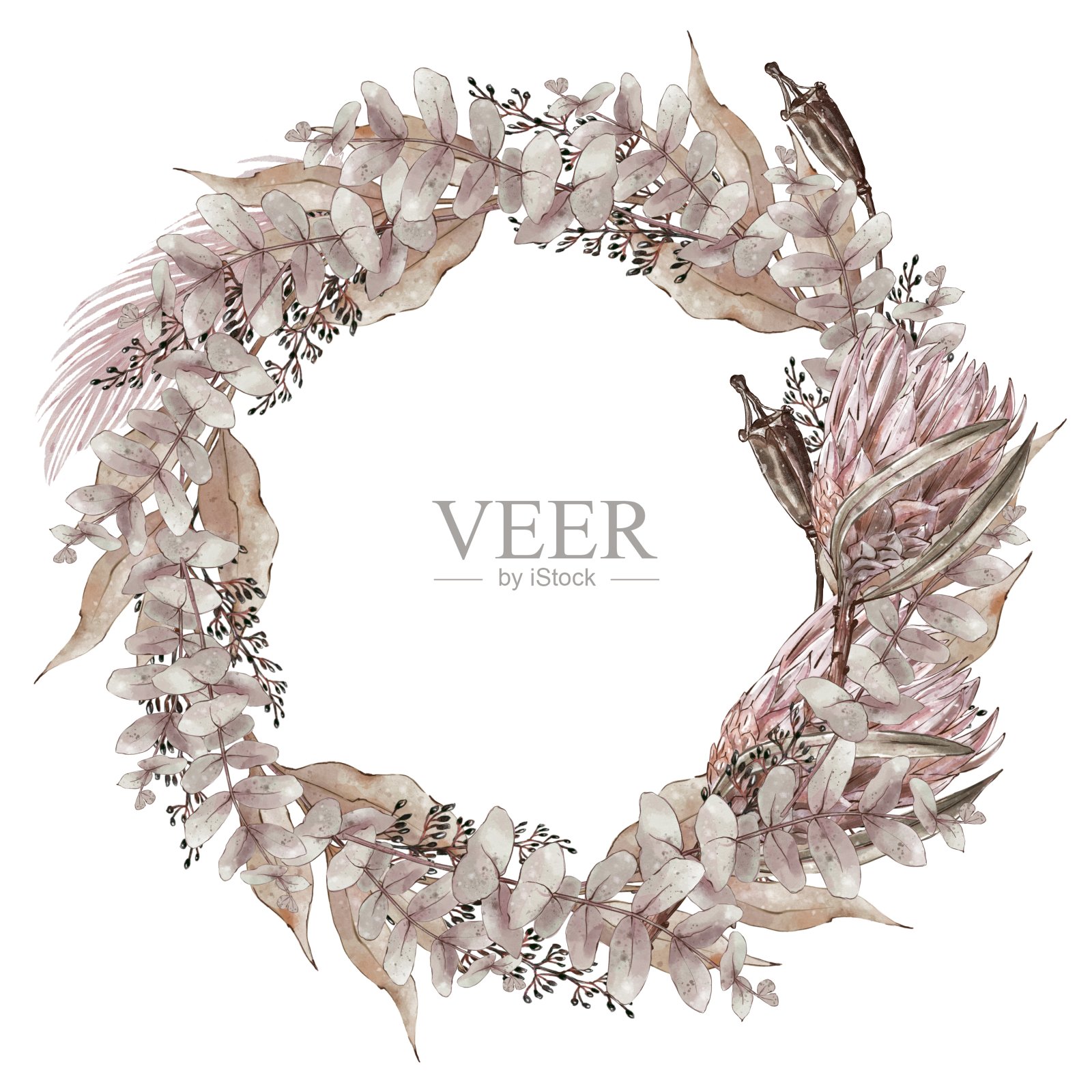 用米色树枝和树叶做成的色彩柔和的婚礼花环。放荡不羁的风格。手绘插图花卉水彩组成。植物背景分离在白色背景。插画图片素材