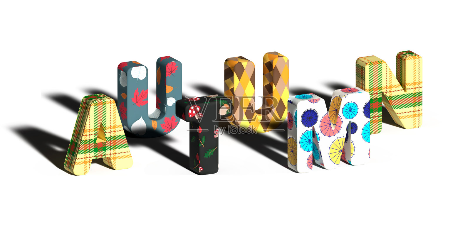 由各种秋色纹理组成的体积字AUTUMN照片摄影图片