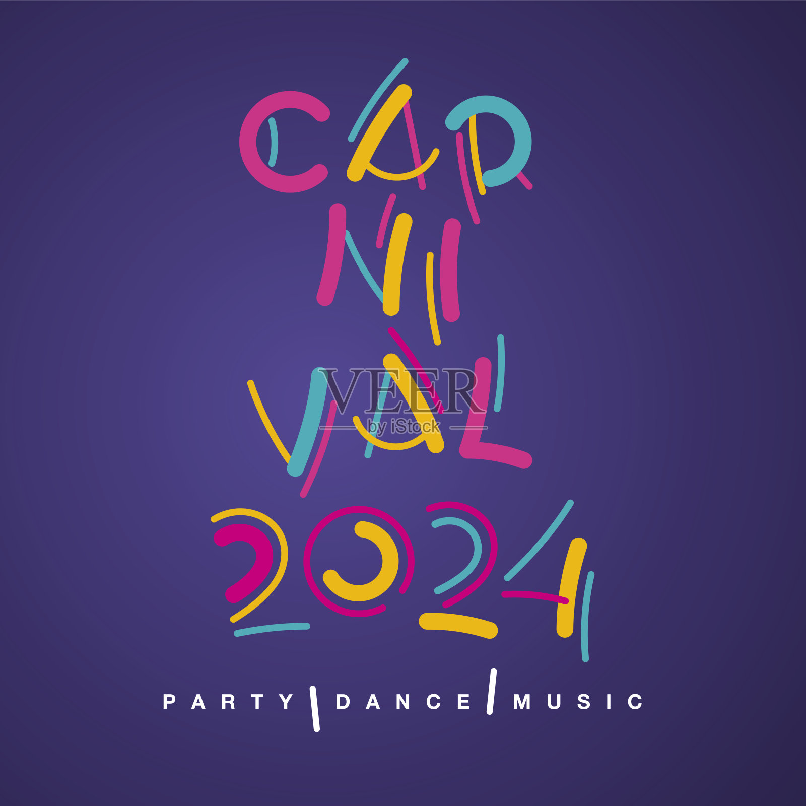 狂欢节2024手写字体排版彩色标志派对舞蹈音乐紫色背景插画图片素材