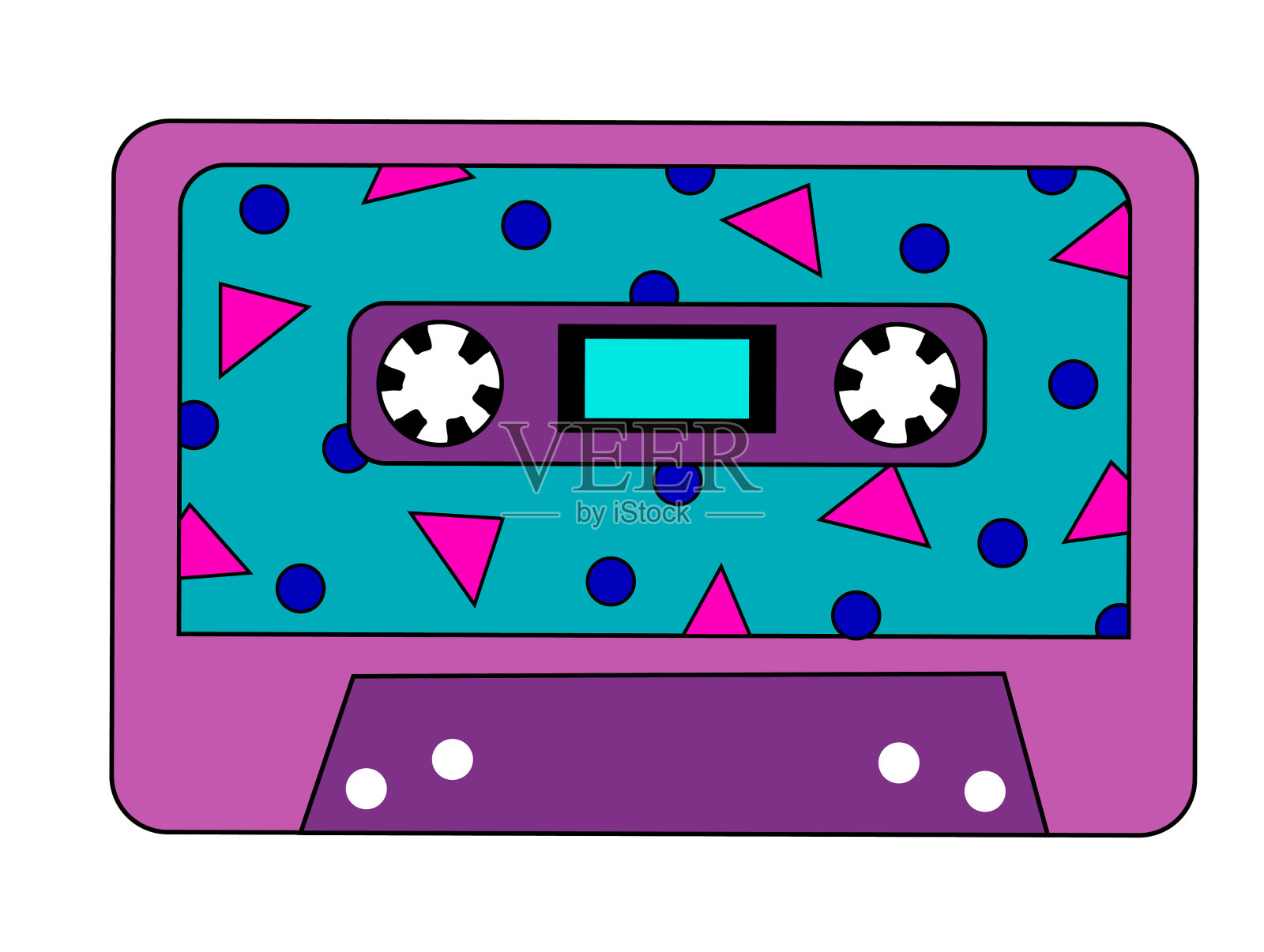 复古复古音频音乐盒式磁带与磁带。抽象设计在90年代，80年代，70年代的风格。矢量平面插图。插画图片素材