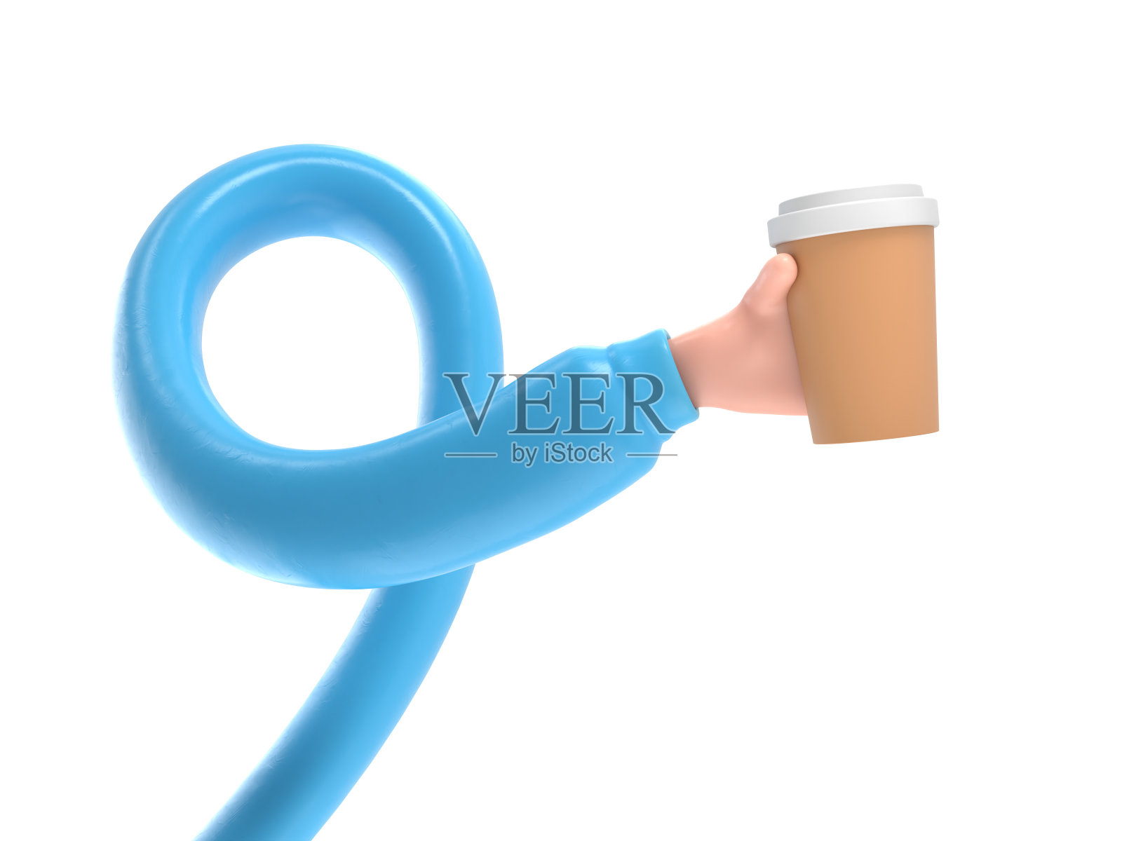 卡通手势图标模型。Сup手中的咖啡，白底3D渲染。长臂概念。照片摄影图片
