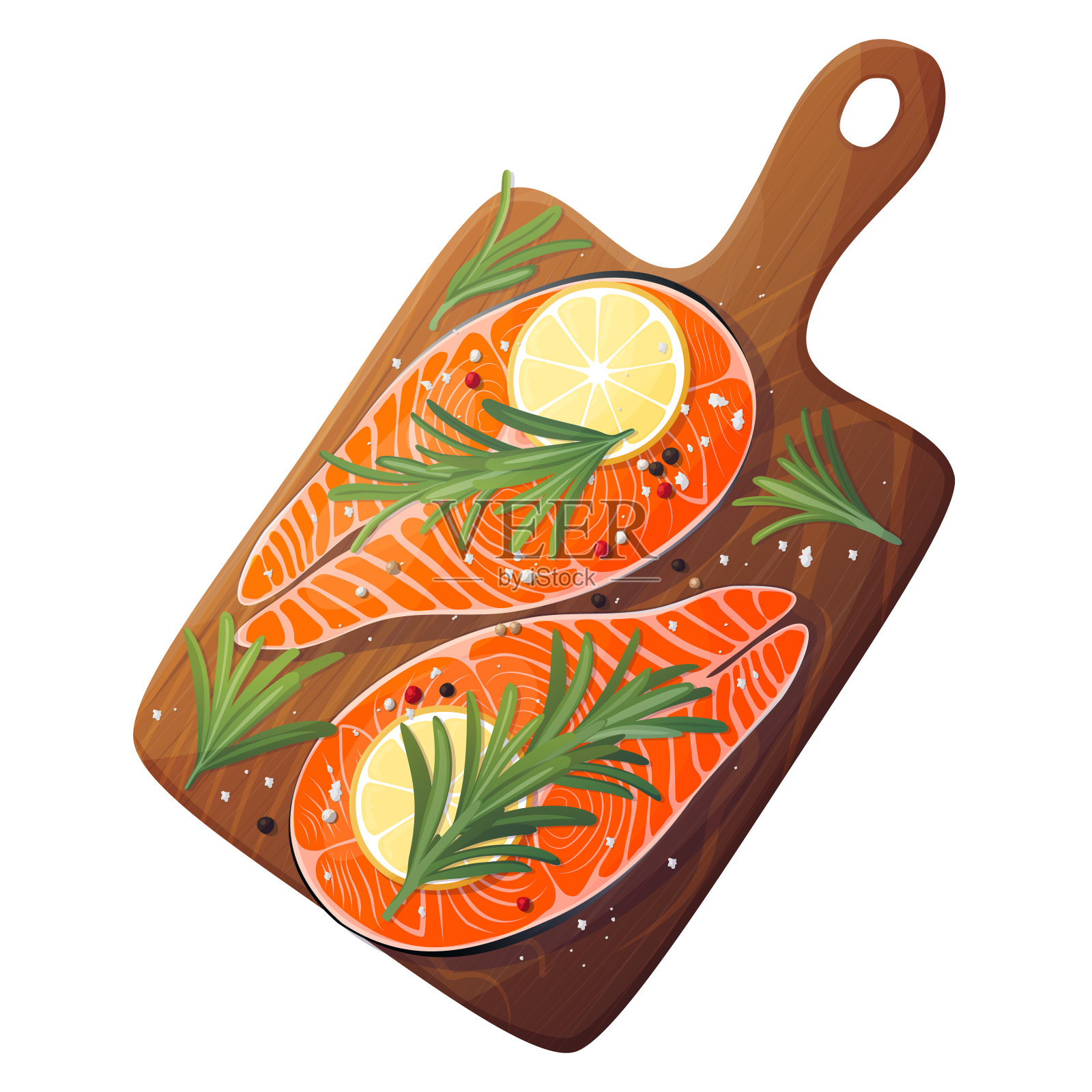 三文鱼，三文鱼或红鱼排，鱼片配柠檬片和辛辣的迷迭香绿叶和香料。新鲜有机海鲜高汤餐厅，寿司吧菜单，海报，横幅插画图片素材