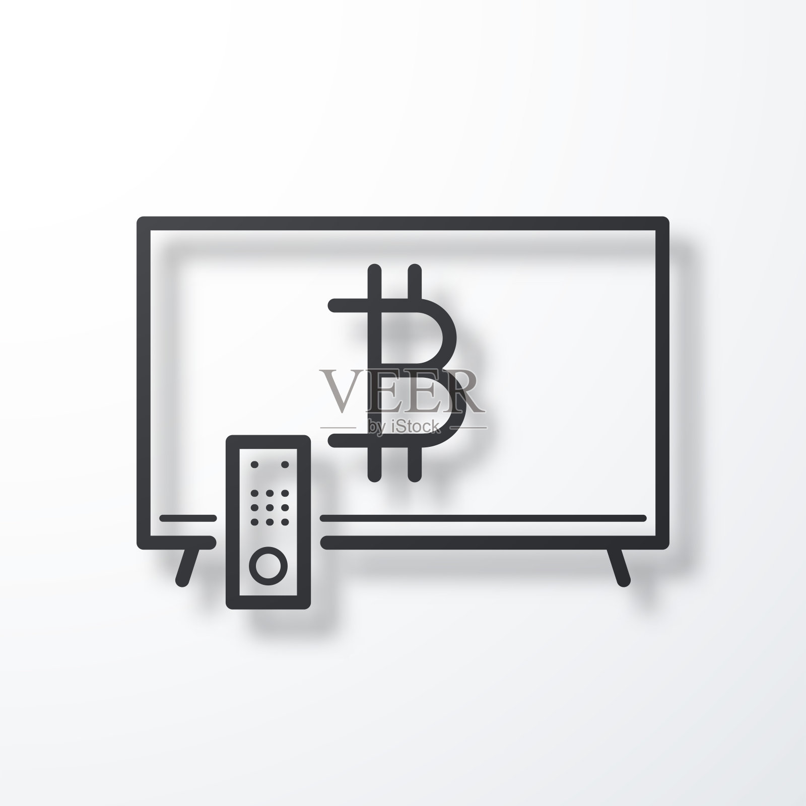 有比特币标志的电视。线图标与阴影在白色背景插画图片素材