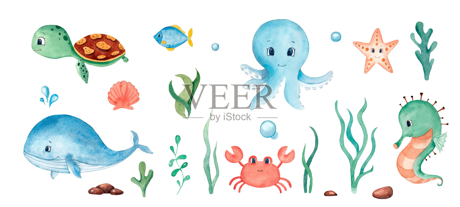 水彩插图与可爱的水下动物。配有海龟、贝壳、鱼类、鲸鱼、螃蟹和海马插画图片素材