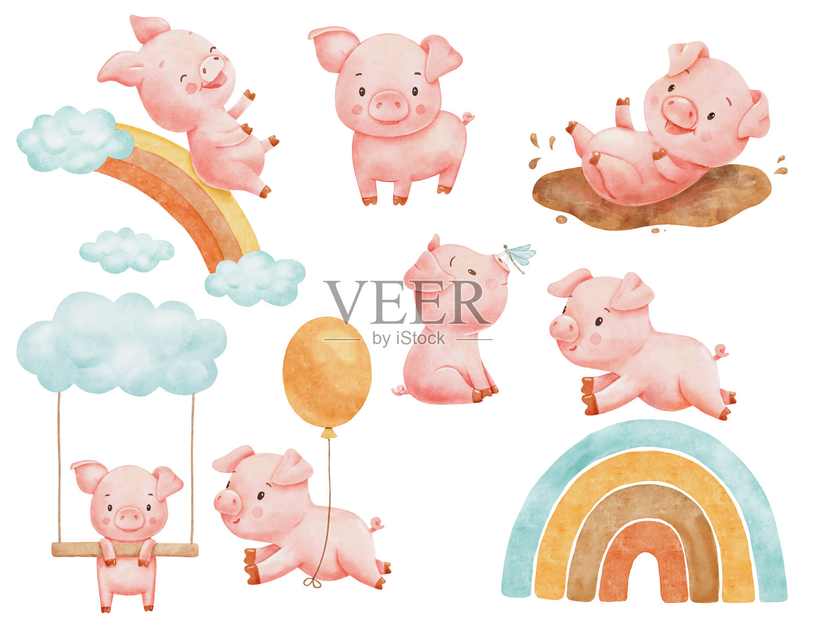 可爱的小猪在水坑里玩耍，用气球飞行。手绘水彩插图集孤立的白色背景。有趣的农场动物猪剪贴画的孩子插画图片素材
