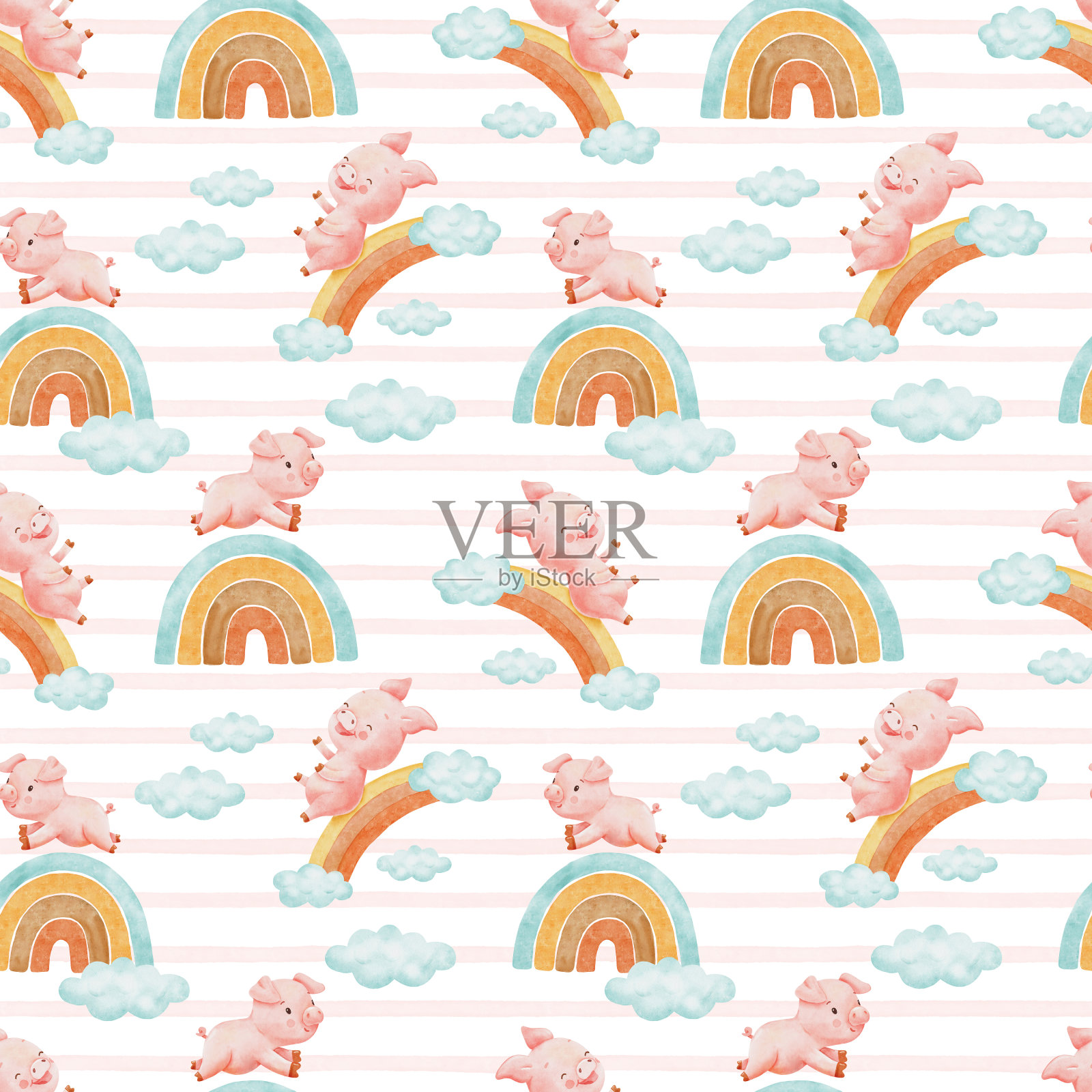 无缝图案与可爱的水彩小猪字符跳跃彩虹条纹的背景。插画图片素材