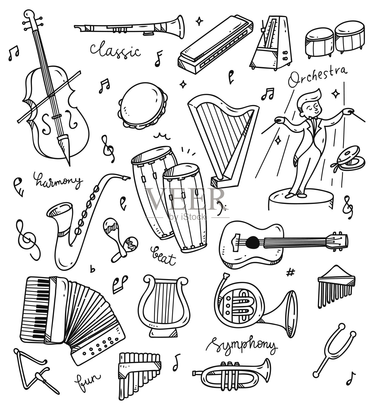 一组音乐涂鸦孤立的白色背景插画图片素材