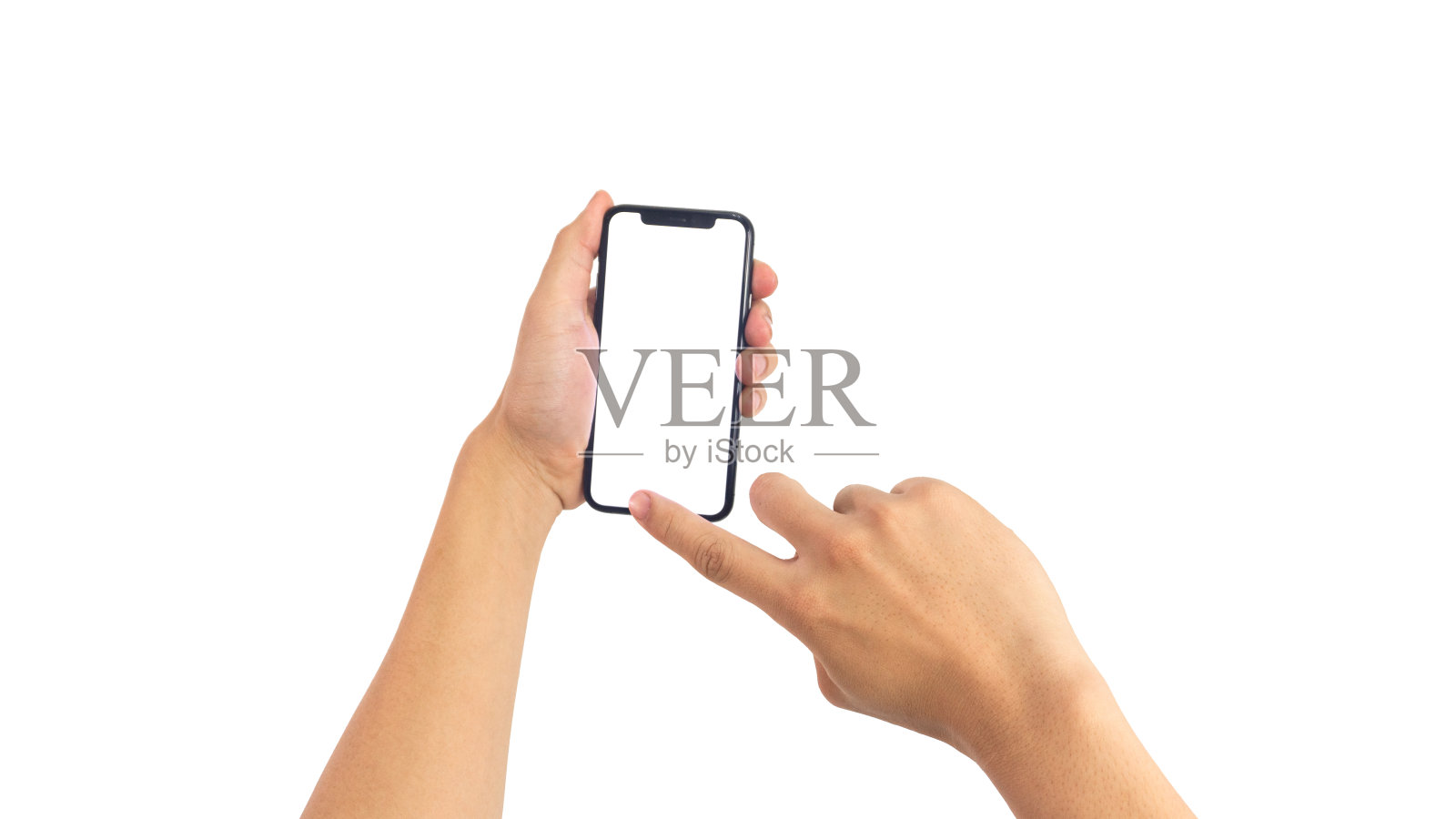 手使用智能手机与空白屏幕，孤立在白色背景，手持现代智能手机模型的特写。新的现代黑色无框智能手机模型与空白的白色屏幕。照片摄影图片