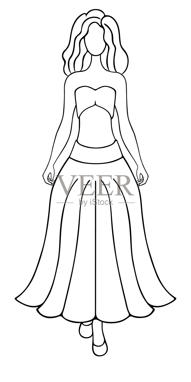 一个女人，穿着没有带子的短上衣和带腰带的蓬松长裙。卷发的女孩。插画图片素材