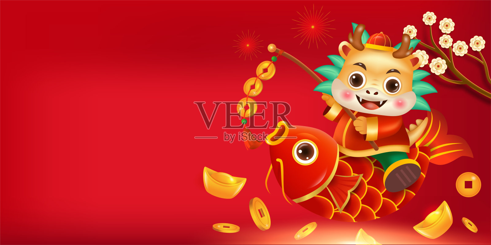 可爱的龙穿着中国服装骑着一条红鲤鱼插画图片素材