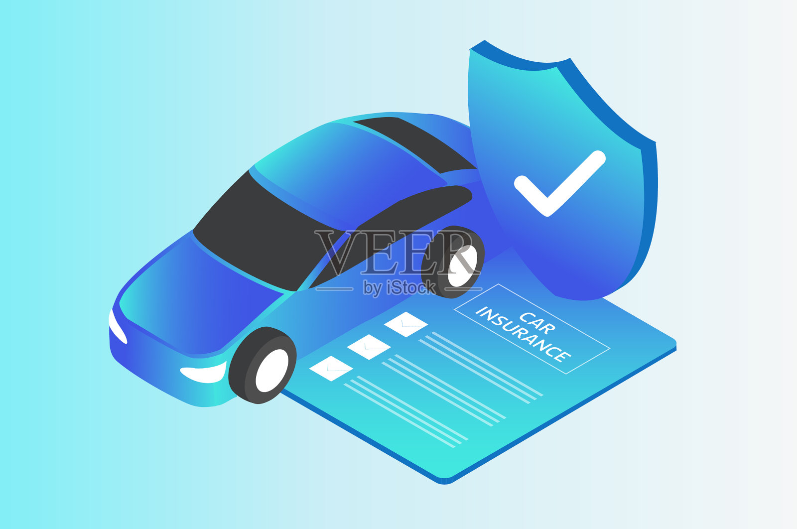 汽车保险概念。带有防护罩和保险单的汽车。保护从事故和损害矢量插图。插画图片素材