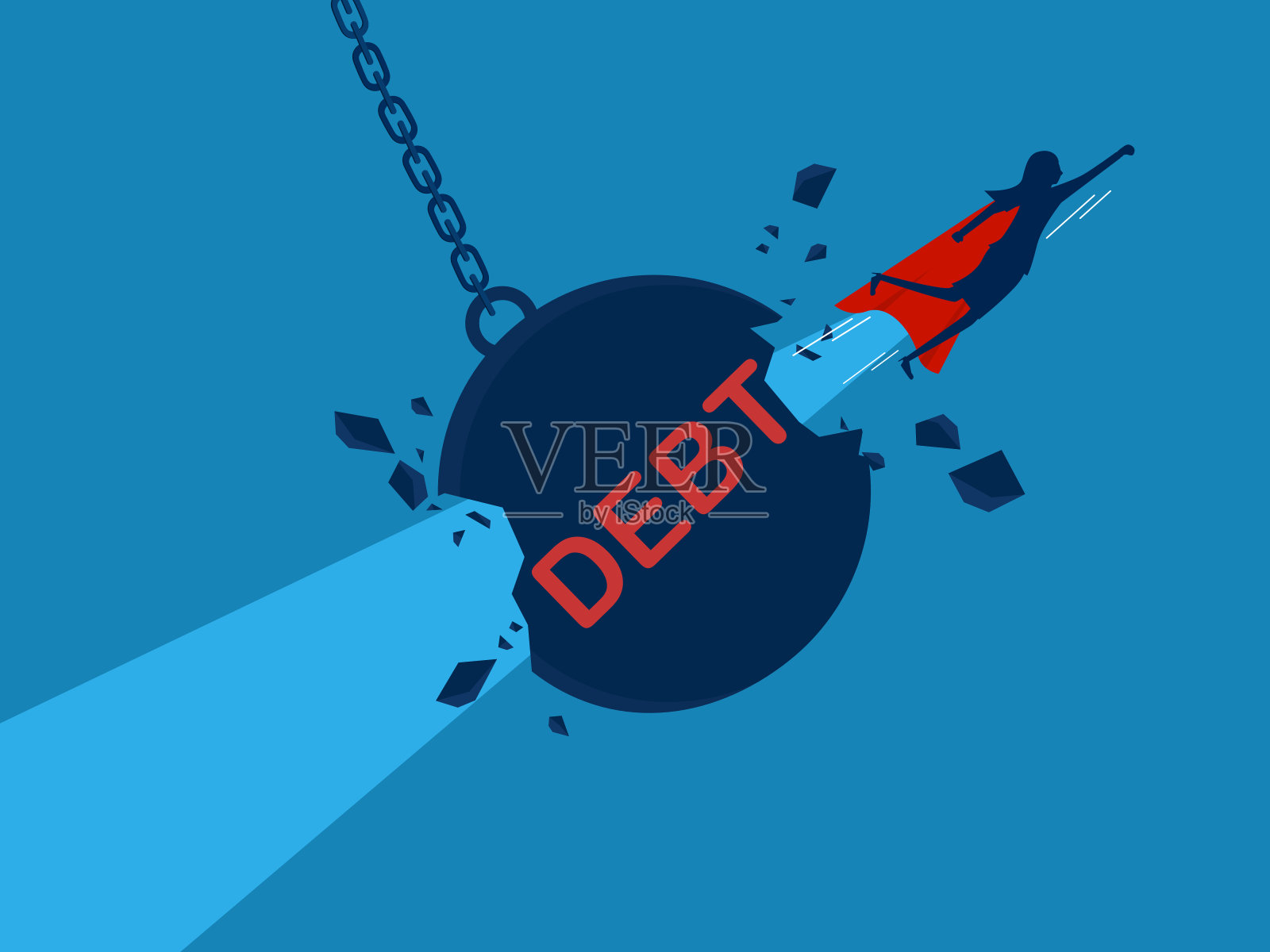 通过储蓄或投资来摆脱债务。女商人领袖摧毁债务球插画图片素材