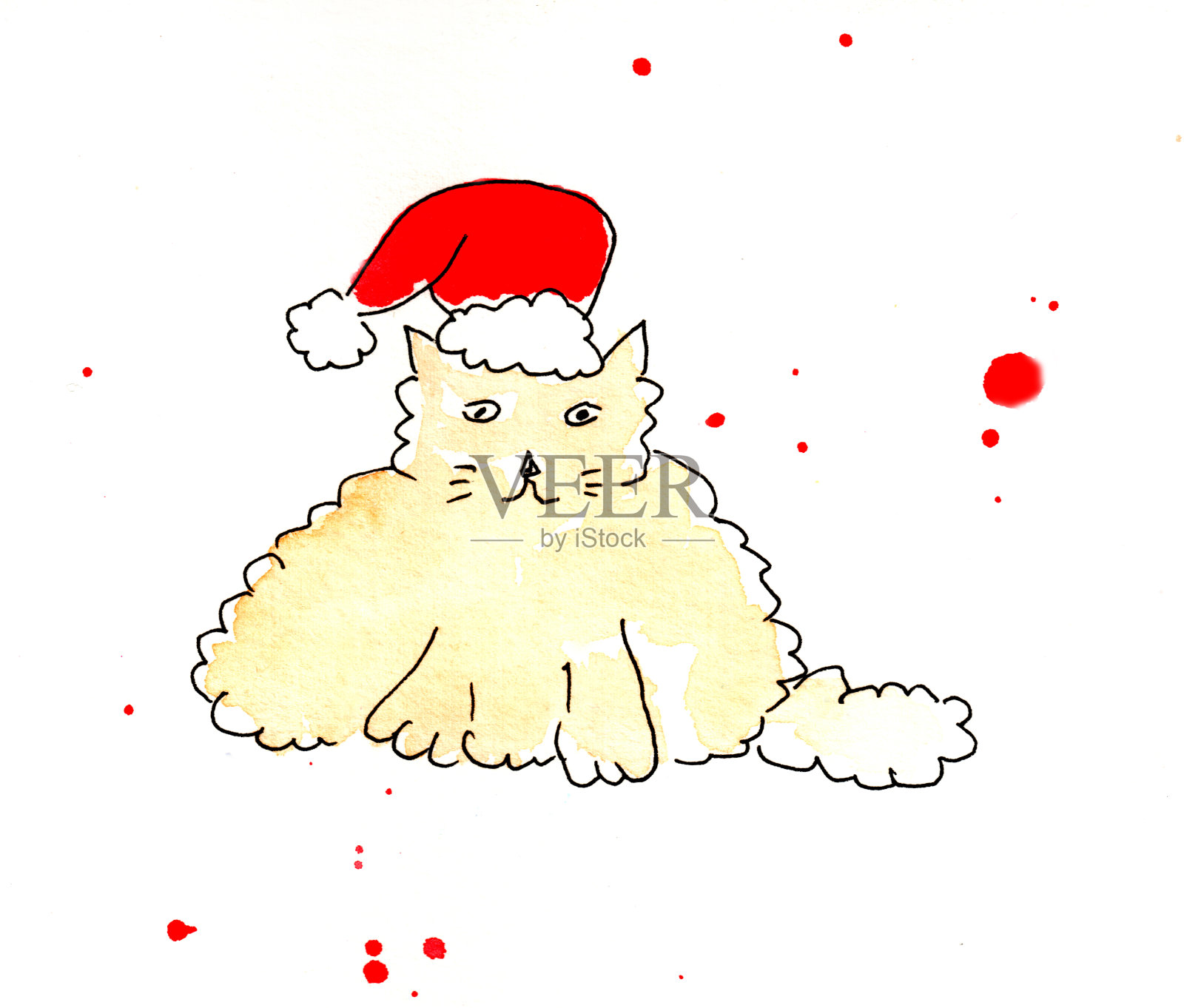 戴着圣诞老人帽子的猫，宠物。冬天主题的水彩插图，恭喜。插画图片素材