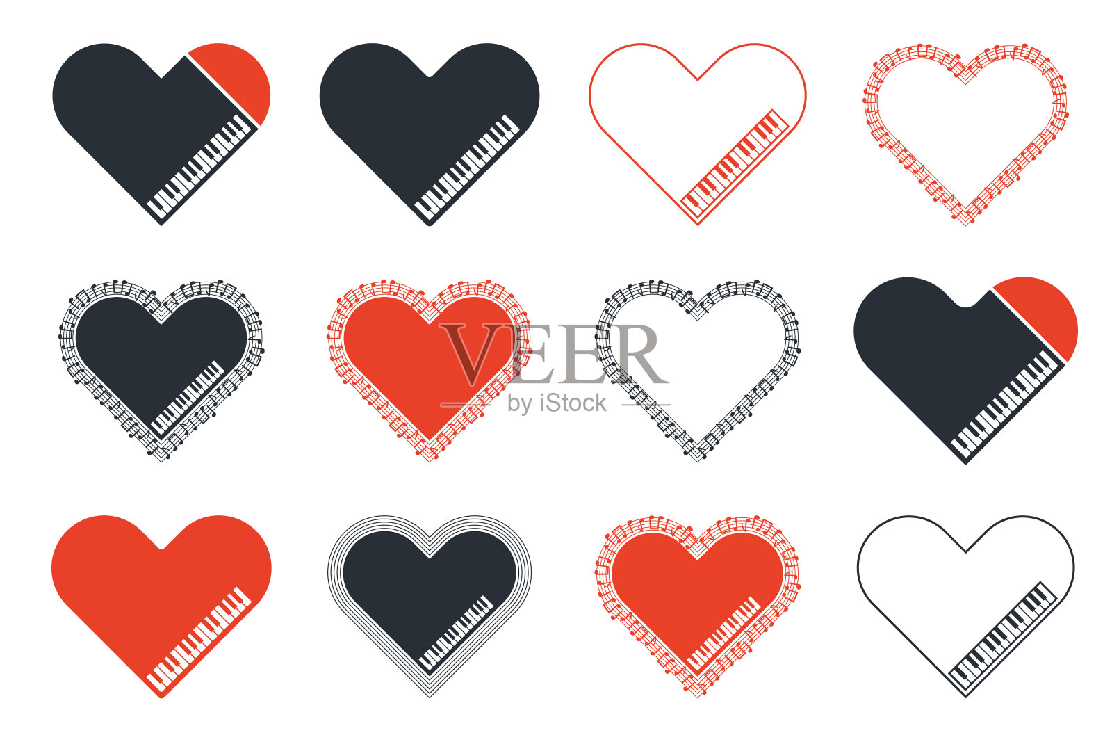 一套用音符和钢琴键做成的心形图案。矢量插图。插画图片素材