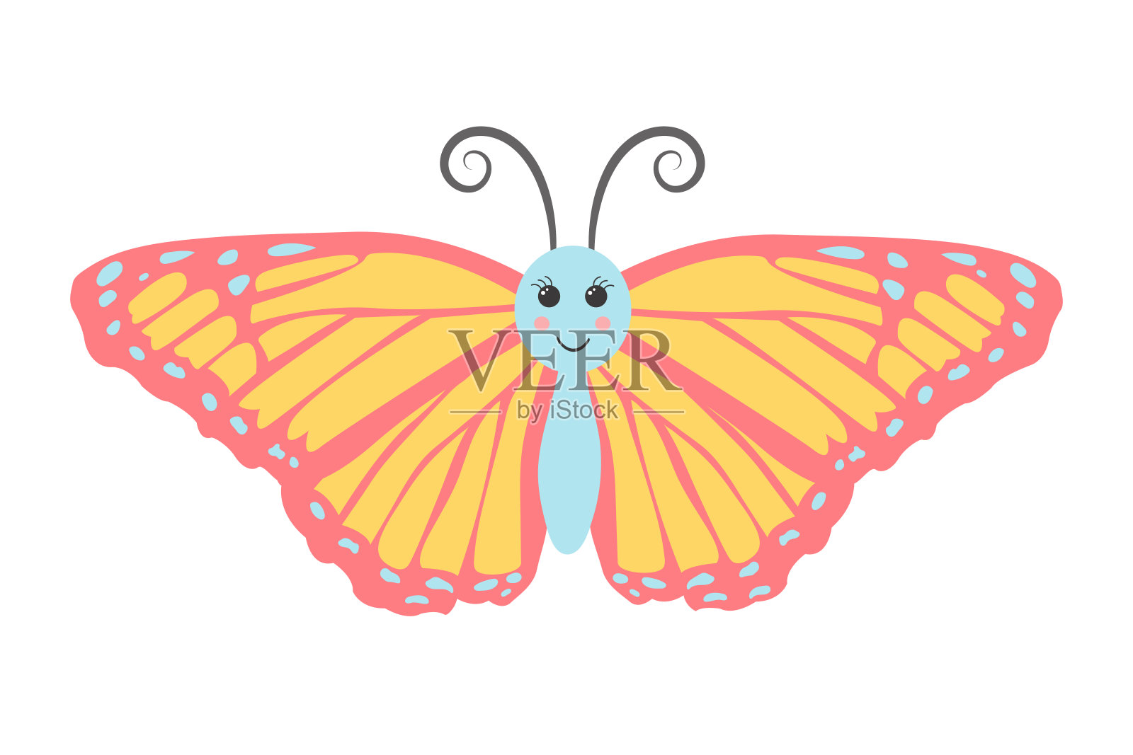 卡哇伊蝴蝶。可爱的彩色蝴蝶人物。矢量插图隔离在白色背景上。插画图片素材