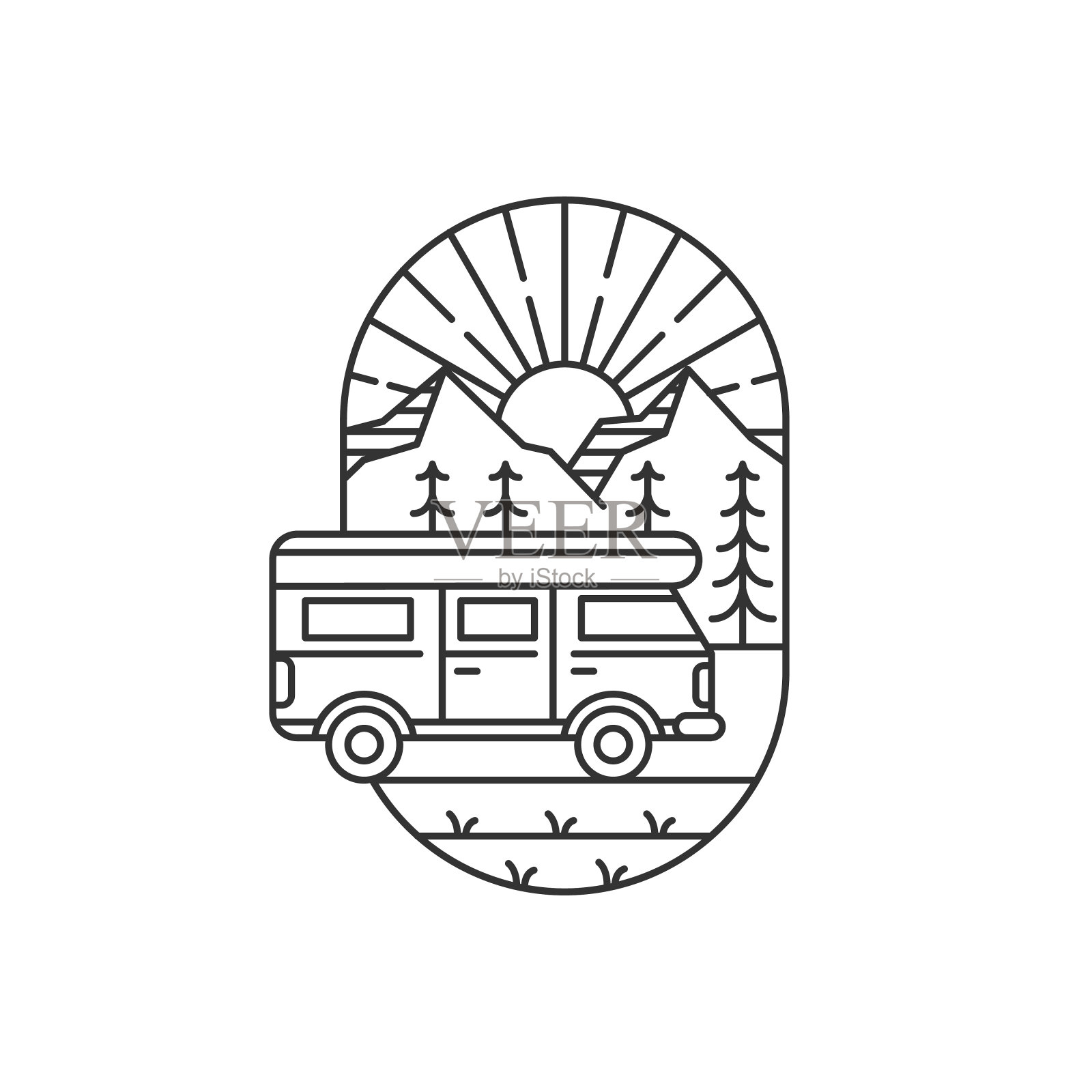 山和露营车徽章矢量插图。早晨山和露营车单线或线条的艺术风格插画图片素材