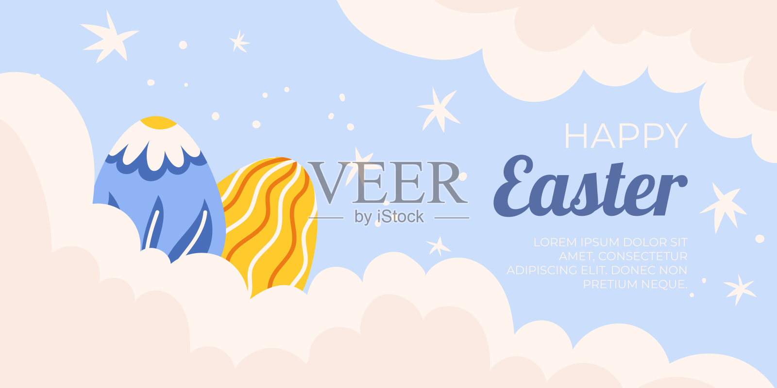 复活节销售水平背景模板推广。设计在天蓝色的背景与画鸡蛋躺在白云与星星周围插画图片素材