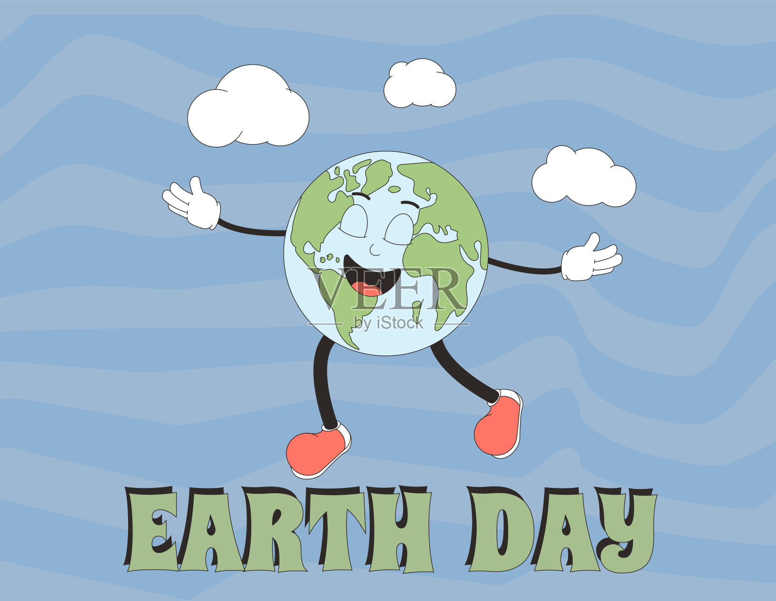 地球日横幅，吉祥物漂浮在云端。拯救地球复古海报与字母。矢量图插画图片素材