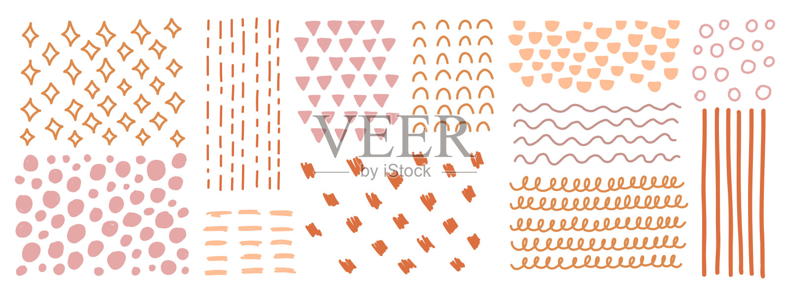 各种素描涂鸦纹理的形状，线条，和对象。手绘彩色线条、曲线、圆点、螺旋。手绘抽象背景集。grunge风格矢量纹理桃绒毛颜色插画图片素材