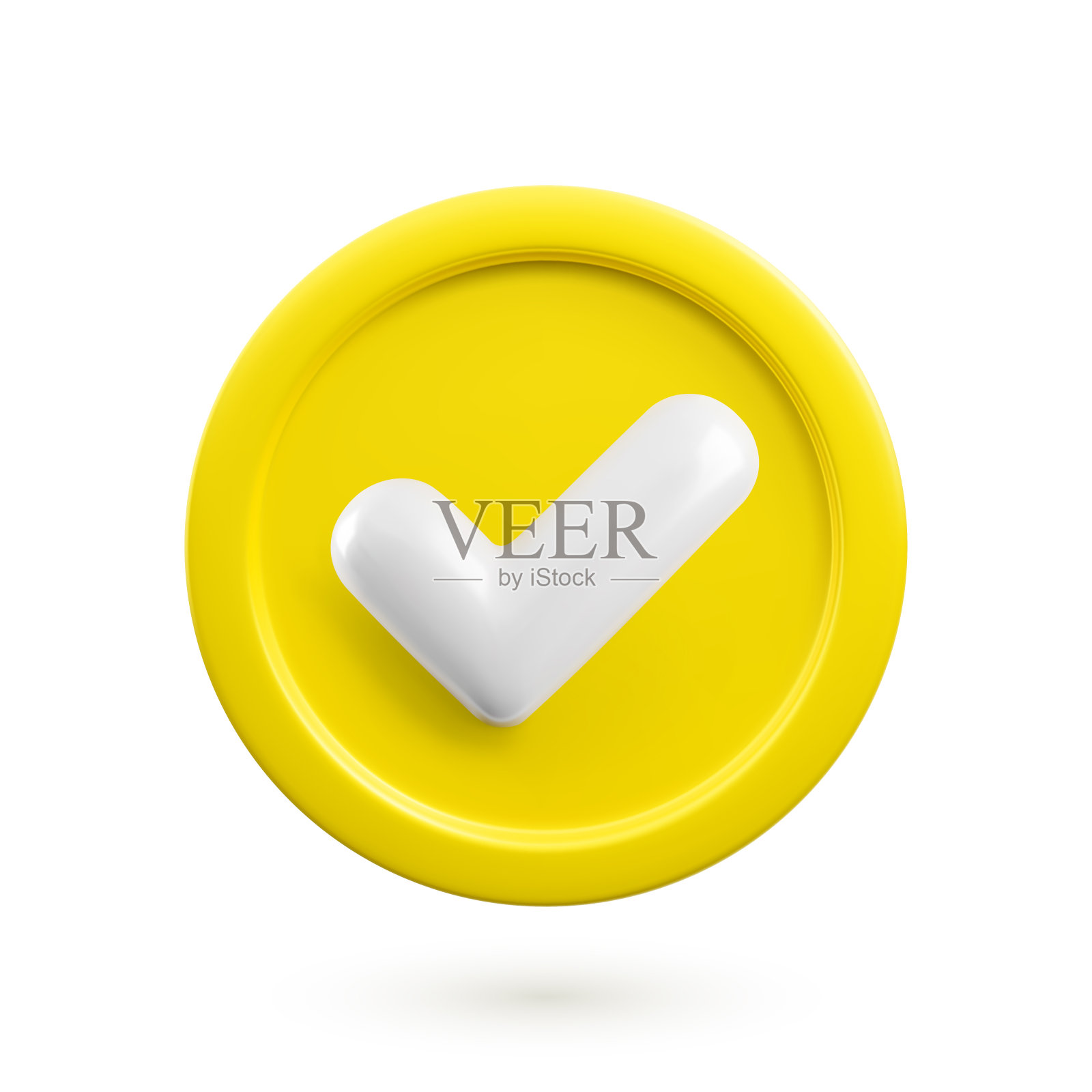 矢量3d检查标记现实的图标。时尚的塑料黄色复选标记，选择图标与阴影隔离在白色背景上。金色的是按钮。3d渲染滴答标志插图的网页，应用程序，设计插画图片素材