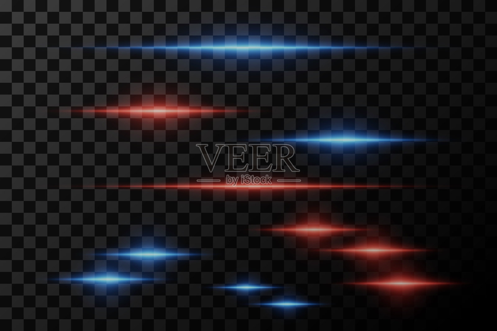 水平眩光效果。激光束，水平光束。美丽的闪光。发光的条纹在透明的背景。插画图片素材