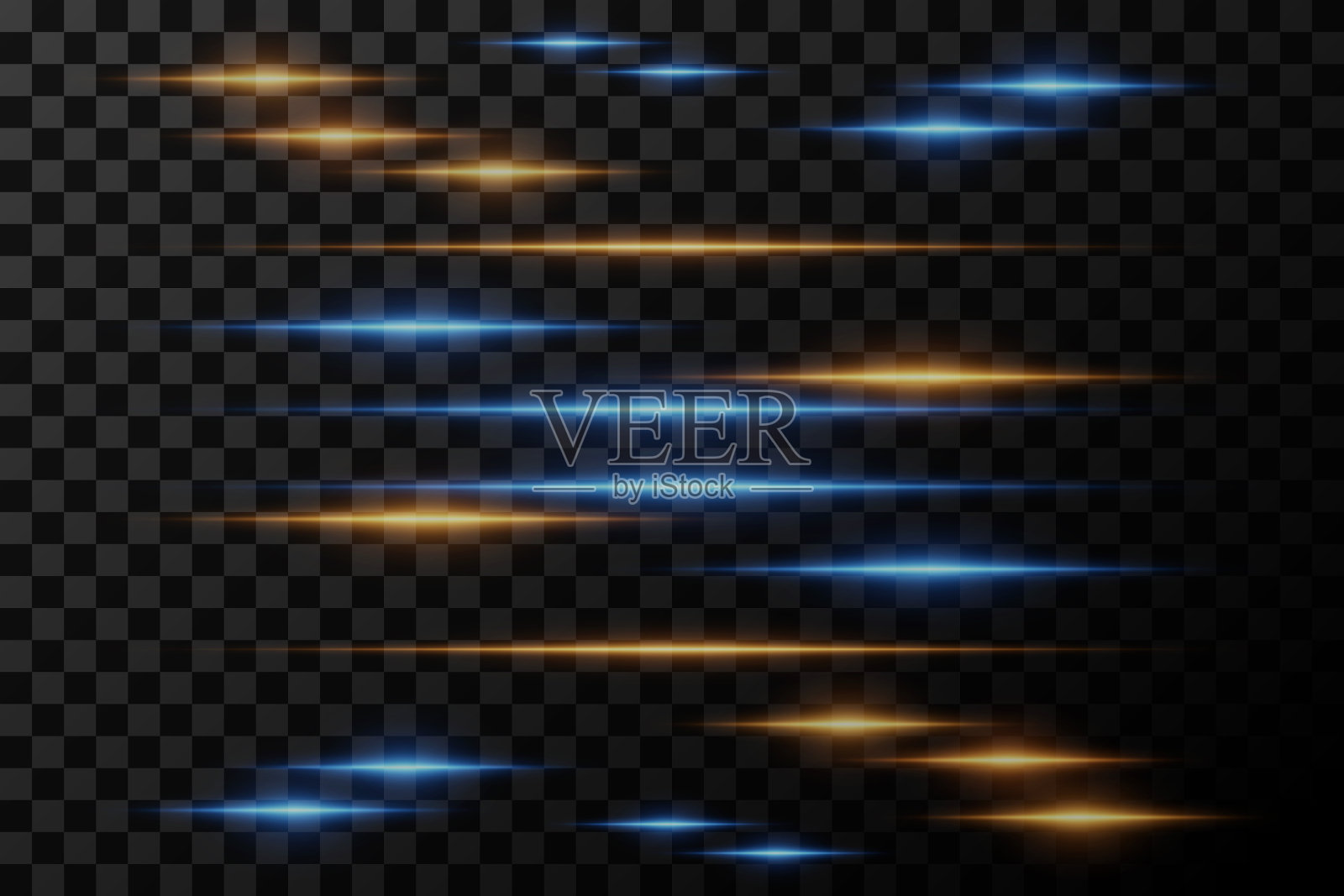 水平眩光效果。激光束，水平光束。美丽的闪光。发光的条纹在透明的背景。插画图片素材