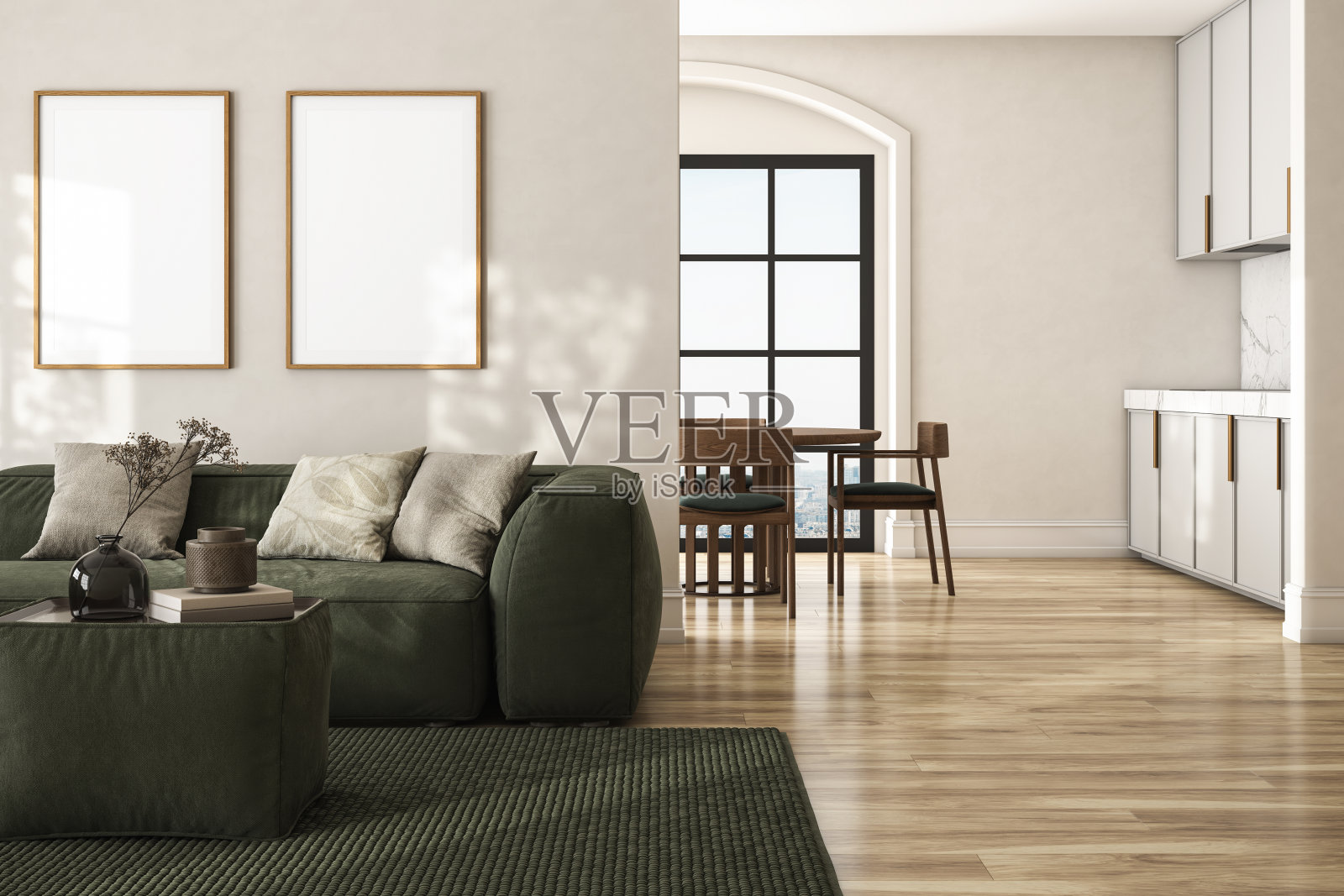 现代室内的开放空间，设计模块化的绿色沙发、家具、木制茶几、格纹、枕头、椅子和厨房，以及优雅的个人配饰，时尚的家居装饰照片摄影图片