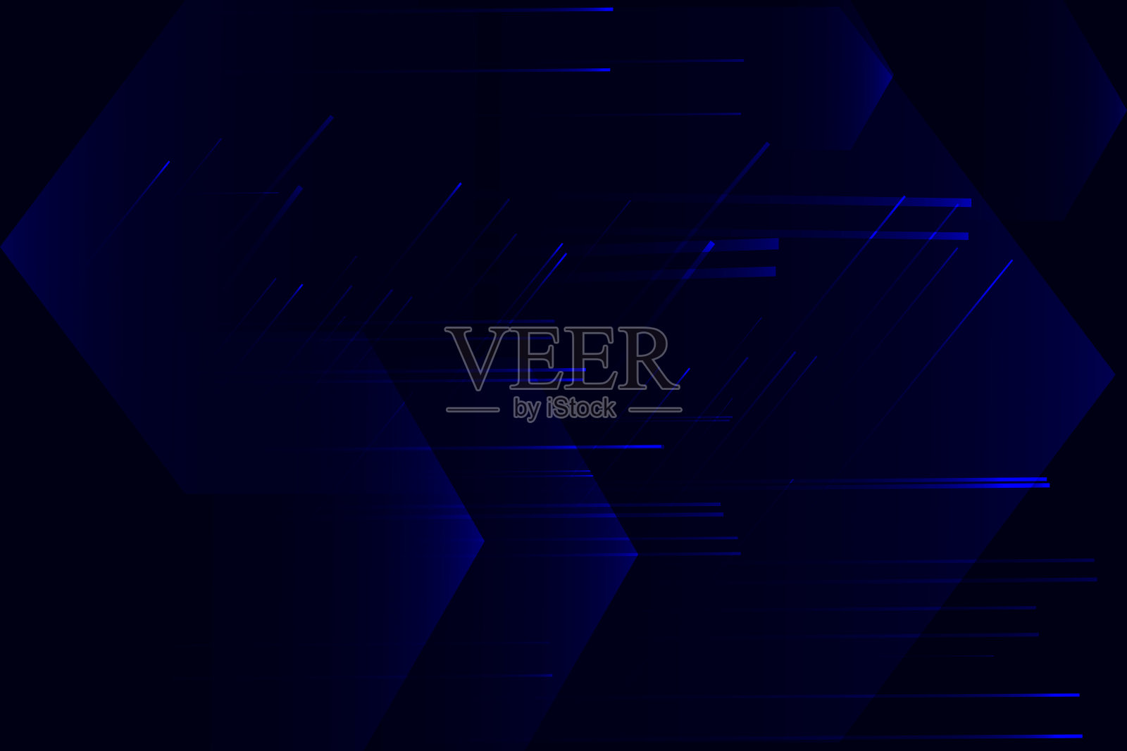 蓝色发光抽象背景，闪耀六面体线条，黑暗空旷场景，蓝色霓虹灯探照灯光线插画图片素材