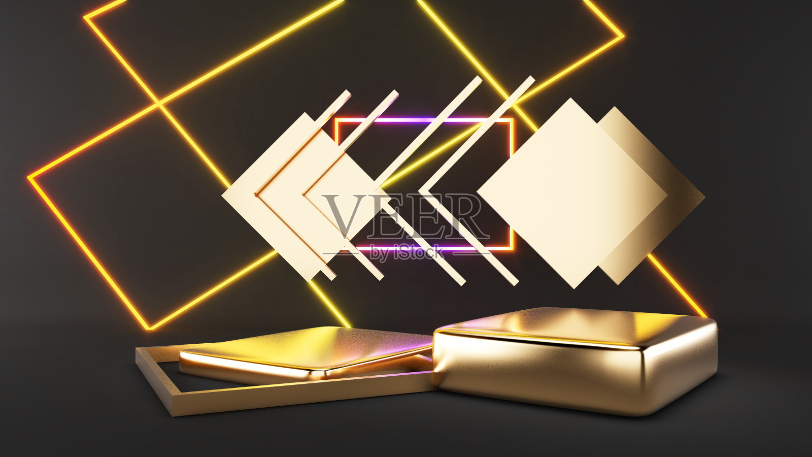 金色底座，白色背盖霓虹灯金色框架，模拟讲台，产品演示，3D渲染照片摄影图片