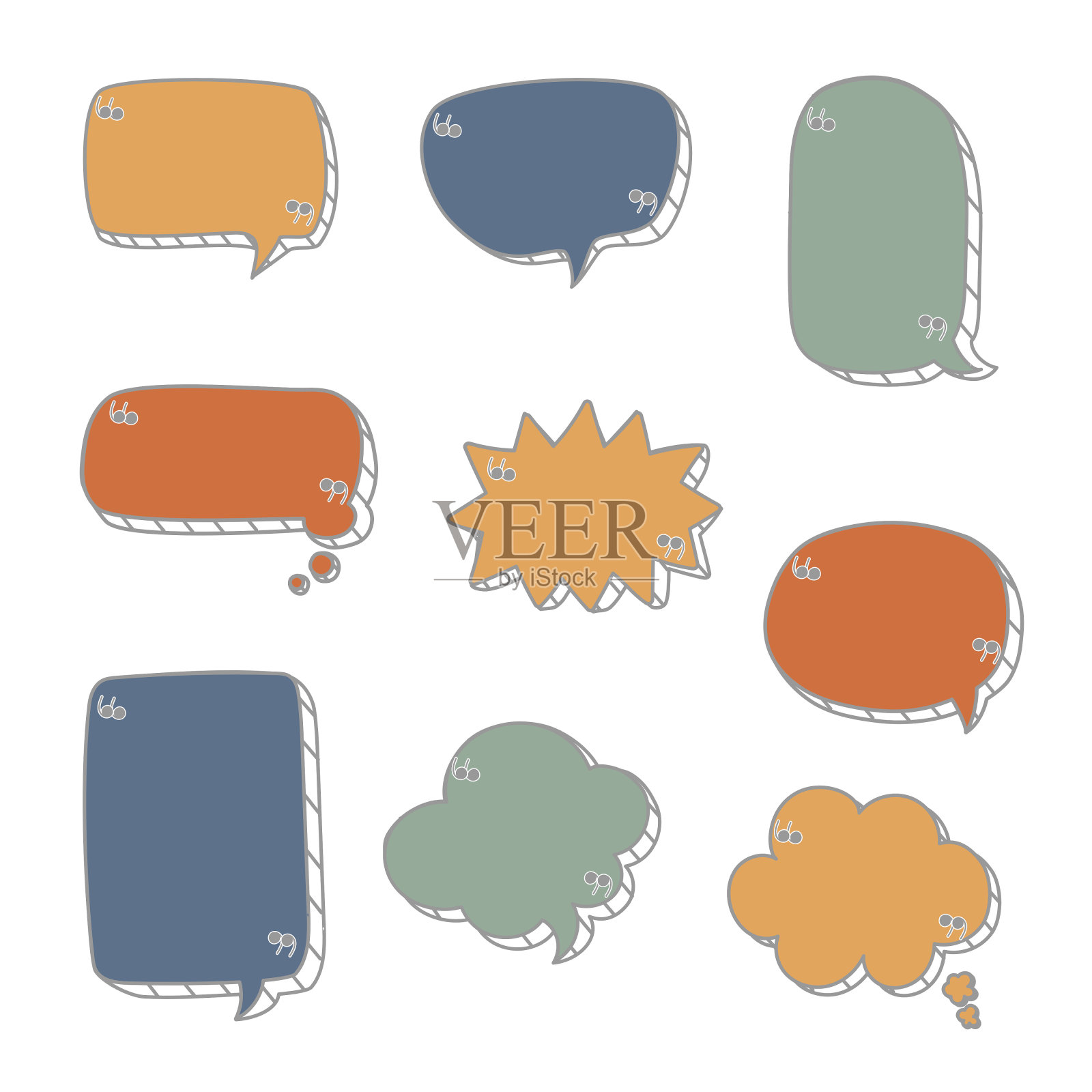 集合集3d手绘彩色粉彩演讲气泡气球与引号，思考，说话，说话，文本框，横幅插画图片素材