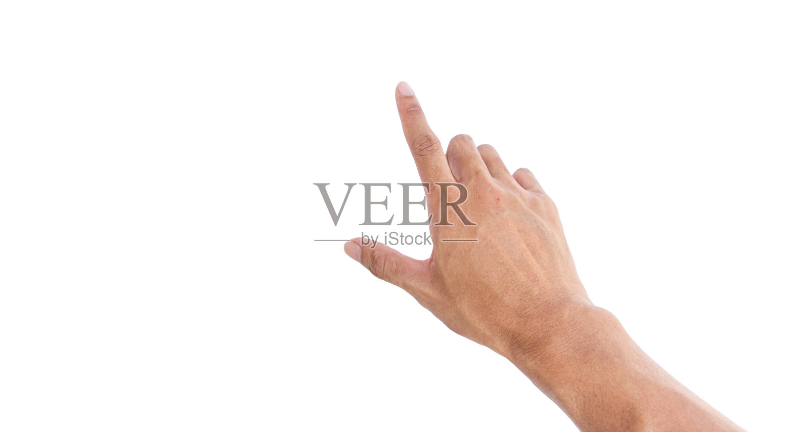 一个人指着白色背景上孤立的东西。剪切路径照片摄影图片