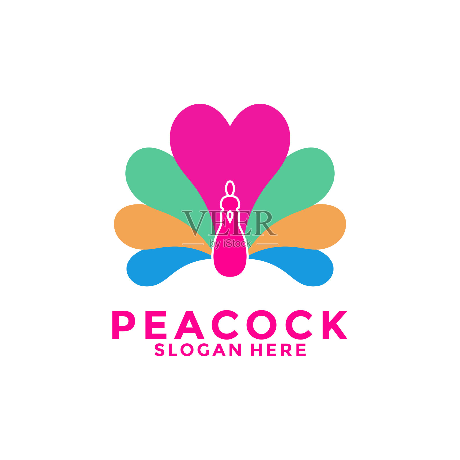 豪华孔雀鸟标志图标，抽象孔雀彩色标志矢量设计模板插画图片素材