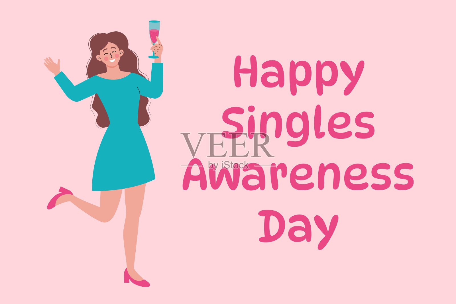 光棍节快乐。快乐的孤独女孩端着一杯酒。文本的题词。假期模板的背景，横幅，卡片，海报。插画图片素材