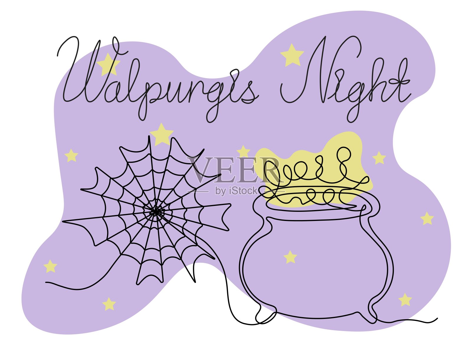 五朔节前夕。抽象的蜘蛛网和一罐药水和铭文。连续一行艺术手绘草图。插画图片素材